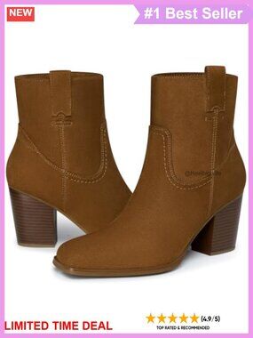 Women Heel Ankle Boots Chunky Block Heel PU Leather Side Zip Booties
